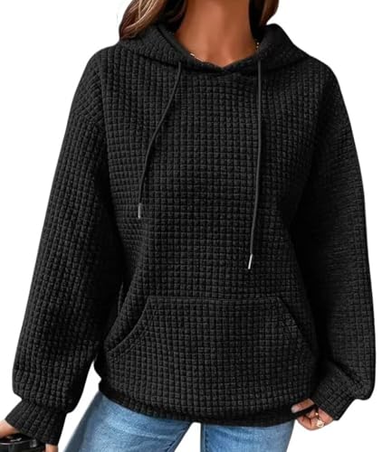 RUISHH Damen Waffel Kapuzenpullover mit Taschen Casual Hoodie Langarm Kordelzug Sweater Lässig Oberteile Schwarz L von RUISHH