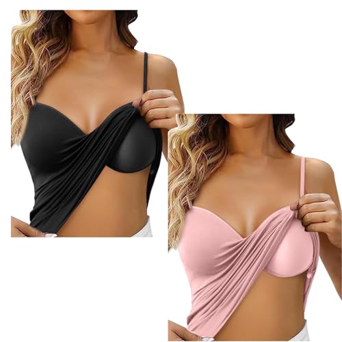 2er Pack Damen Baumwolle Tank Top mit Regal BH Unterhemd Verstellbarer breiter Riemen Camisole Basic Cami Tanks Top Damen Schwarz Baumwolle Unterhemden Lang Top mit integriertem BH Verstellbare von RUITOTP