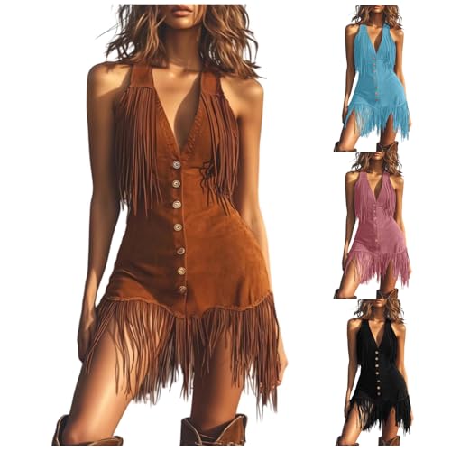 RUITOTP Damen Casual Kleid V-Ausschnitt Wild West Karneval Details Fransen Urlaub Büro Sommer Herbst Eleganz Bequem Strand Urlaub Vintage Stil Rustikal Mittelalter Sommer von RUITOTP