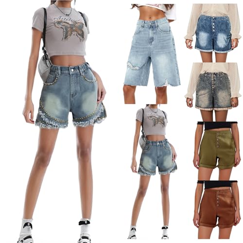 RUITOTP Jeans Damen High Waist Ripped Stretch Denim Hot Pants Jeans Shorts Damen Bermuda Shorts Damen Lässig Elastische Hohe Taille Weite Bein Kurzhose Business Cargo Hosen Sommer Shorts mit Taschen von RUITOTP