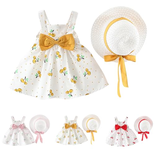 RUITOTP Sommerkleid für Babys Kleinkinder Mädchen gepunktet Kirsche Print ärmelloses Kleid mit Schleife und Strohhut Strandkleid für Fotos Party Urlaub Prinzessin Festliches Festklei von RUITOTP