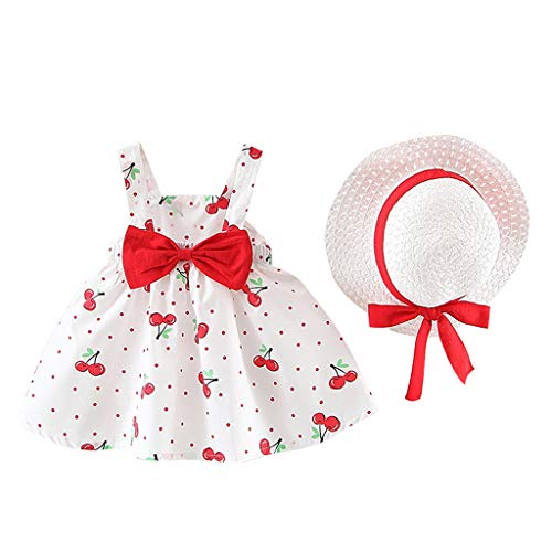 RUITOTP Sommerkleid für Babys Kleinkinder Mädchen gepunktet Kirsche Print ärmelloses Kleid mit Schleife und Strohhut Strandkleid für Fotos Party Urlaub Prinzessin Festliches Festklei von RUITOTP