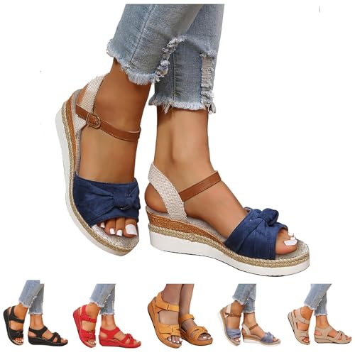Schuhe Breite Füße Damen Mode Frühling Sommer Damen Sandalen Mittlerer Absatz Keilabsatz Offene Spitze Atmungsaktiver und bequemer elastischer Gürtel Solider römischer Stil Luftpolster von RUITOTP