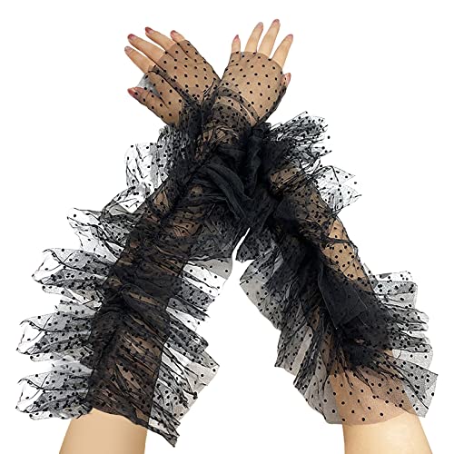 RUIXIA Damen Handschuhe Rüschen Polka Dots Handschuhe Transparent Tüll Brauthandschuhe Fingerlos Braut Handschuhe für Opera Abend Party Halloween von RUIXIA