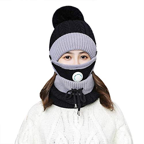 RUIXIA Damen Wintermütze und Schal Set mit abnehmbare Gesichtschützer, 3 in 1 Strickmütze Warme Beanie Winter Mütze und einstellbar Winterschal mit süße Pompon Damen Geschenk Winterzubehör von RUIXIA