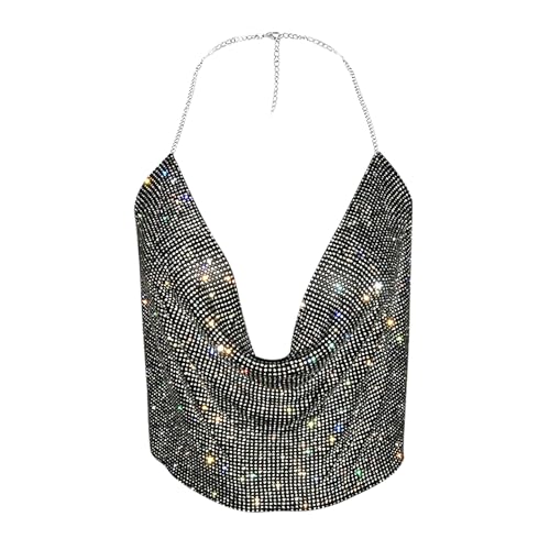 RUIXIA Funkeln Metall Paillette Top Rückenfrei Oberteile Weste Crop-Tops Tiefes V Kette Halfter Rückenfrei Muskelshirt Nachtclub Party Körper Geschirr Zubehör Kostüm für Mädchen Frauen von RUIXIA