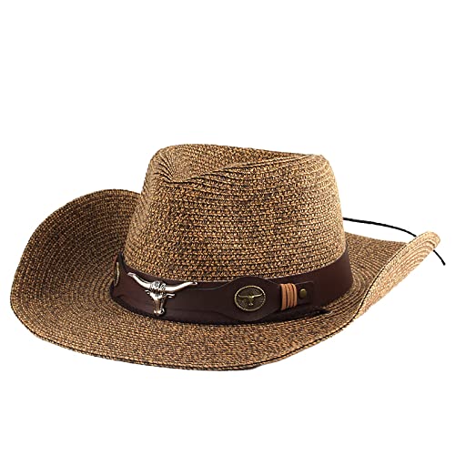 Strohhut Herren Panamahut Cowboyhut Stroh Sommerhut Westernhut Faltbarer Panamahut mit Kinnriemen Breite Krempe Sonnenhut Anti-UV Sonnenschutz Strandhut Sommerhut Strohkappe von RUIXIA