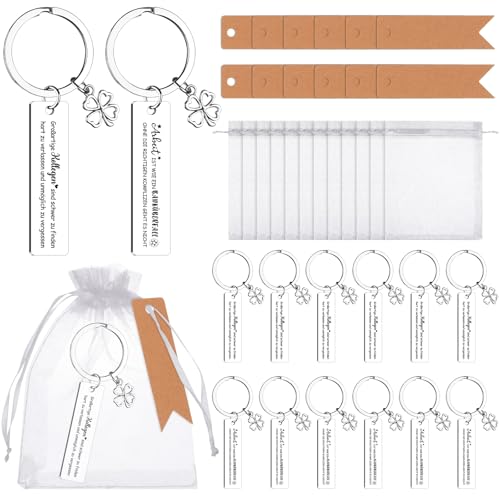 RUIYELE 12 Sets Abschiedsgeschenke für Kollegen Metall Vierkleeblatt Schlüsselanhänger mit Gravur für Kollegen Glücksbringer Dankeschön Organzasäckchen für Mitarbeiter Jobwechsel Ruhestand Mutmacher von RUIYELE