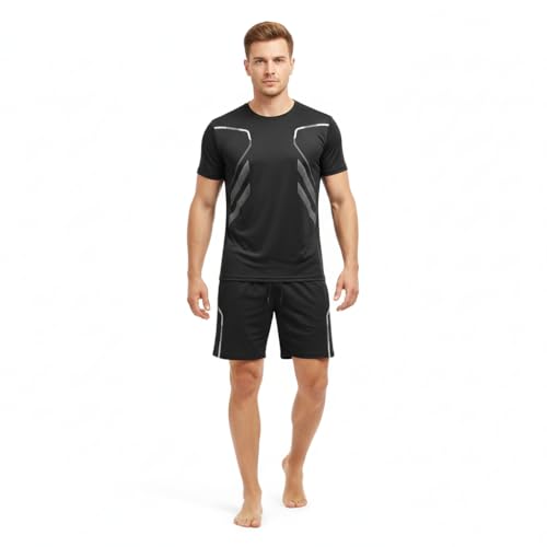 RUIYHE Herren Athletic Trainingsanzug Set Grau T-Shirt und Schwarze Shorts Performance Sportswear, Schwarz , 5XL von RUIYHE