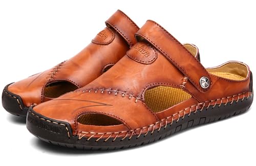 Herren Ledersandalen,Herren Sandalen mit geschlossener Zehe Atmungsaktive Anti-Rutsch Slipper,Sommer Atmungsaktive Strand Wanderschuhe Slipper,Reddish Brown,38 von RUIZE