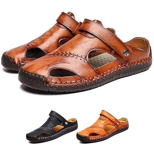 Herren Ledersandalen,Herren Sandalen mit geschlossener Zehe Atmungsaktive Anti-Rutsch Slipper,Sommer Atmungsaktive Strand Wanderschuhe Slipper,Reddish Brown,41 von RUIZE