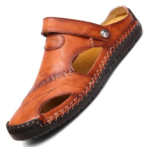 RUIZE Herren Ledersandalen,Herren Sandalen mit geschlossener Zehe Atmungsaktive Anti-Rutsch Slipper,Sommer Atmungsaktive Strand Wanderschuhe Slipper,Reddish brown,41 von RUIZE