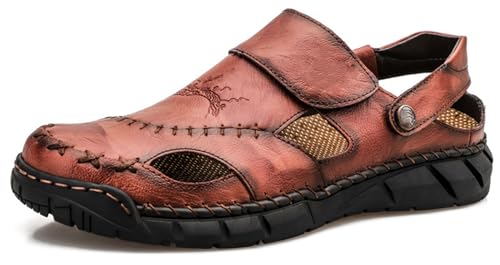 RUIZE Herren Ledersandalen,Herren Sandalen mit geschlossener Zehe Atmungsaktive Anti-Rutsch Slipper,Sommer Atmungsaktive Strand Wanderschuhe Slipper,Rot,38 von RUIZE