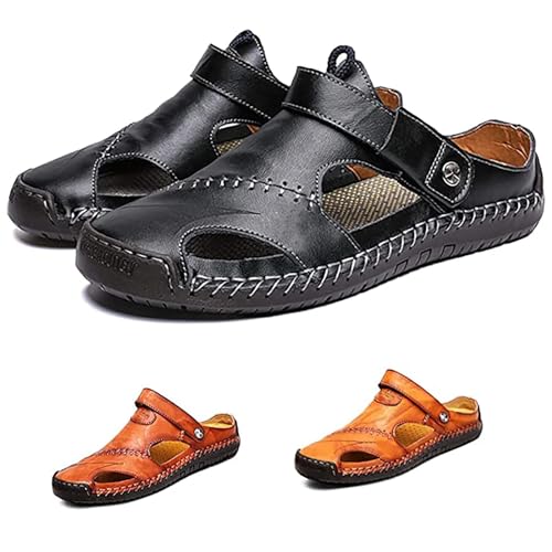 RUIZE Herren Ledersandalen,Herren Sandalen mit geschlossener Zehe Atmungsaktive Anti-Rutsch Slipper,Sommer Atmungsaktive Strand Wanderschuhe Slipper,Schwarz,38 von RUIZE