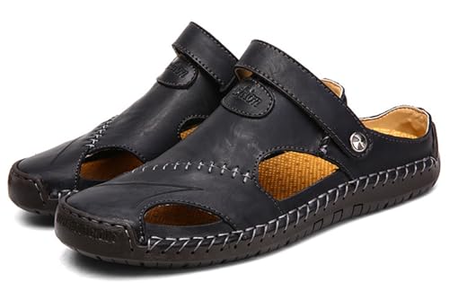 Herren Ledersandalen,Herren Sandalen mit geschlossener Zehe Atmungsaktive Anti-Rutsch Slipper,Sommer Atmungsaktive Strand Wanderschuhe Slipper,Schwarz,38 von RUIZE