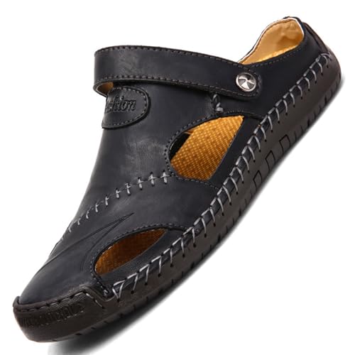 RUIZE Herren Ledersandalen,Herren Sandalen mit geschlossener Zehe Atmungsaktive Anti-Rutsch Slipper,Sommer Atmungsaktive Strand Wanderschuhe Slipper,Schwarz,41 von RUIZE