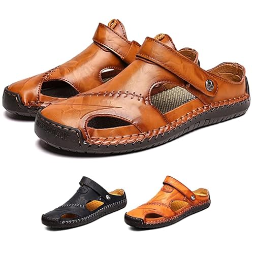 Herren Ledersandalen,Herren Sandalen mit geschlossener Zehe Atmungsaktive Anti-Rutsch Slipper,Sommer Atmungsaktive Strand Wanderschuhe Slipper,Yellowish Brown,38 von RUIZE