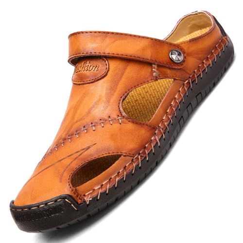 Herren Ledersandalen,Herren Sandalen mit geschlossener Zehe Atmungsaktive Anti-Rutsch Slipper,Sommer Atmungsaktive Strand Wanderschuhe Slipper,Yellowish Brown,39 von RUIZE