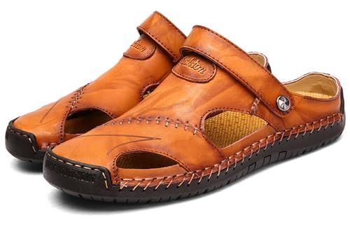 RUIZE Herren Ledersandalen,Herren Sandalen mit geschlossener Zehe Atmungsaktive Anti-Rutsch Slipper,Sommer Atmungsaktive Strand Wanderschuhe Slipper,Yellowish Brown,39 von RUIZE