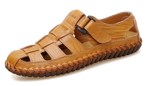 Ledersandalen für Herren,Outdoor Wandersandalen Wasserdicht Sportliche Sandalen Sommer Strandschuhe Geschlossene Zehe Wasser Sandalen,Yellowish Brown,39 von RUIZE