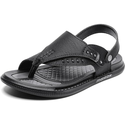 RUIZE Orthopädische Flip Flops für Männer,Vintage Atmungsaktive Orthopädische Korrektor Flip Flops Leder Leichte Ballenschienen Flache Sandalen,Schwarz,47 von RUIZE