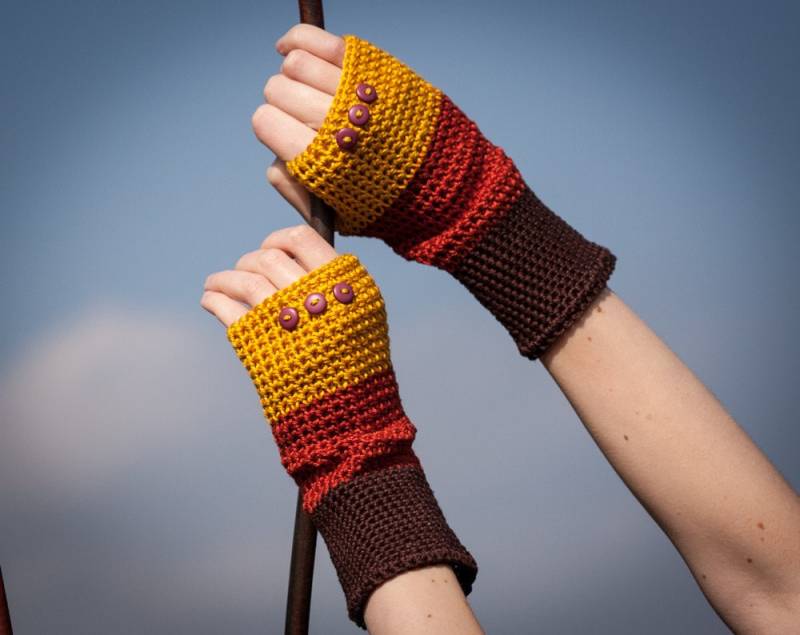 Braun Orange Gelb Fingerlos Handschuhe/100 % Baumwolle Häkeln Armwärmer Herbst Farben Gestreift Knopf Winter Zubehör Geschenk von RUKAMIshop