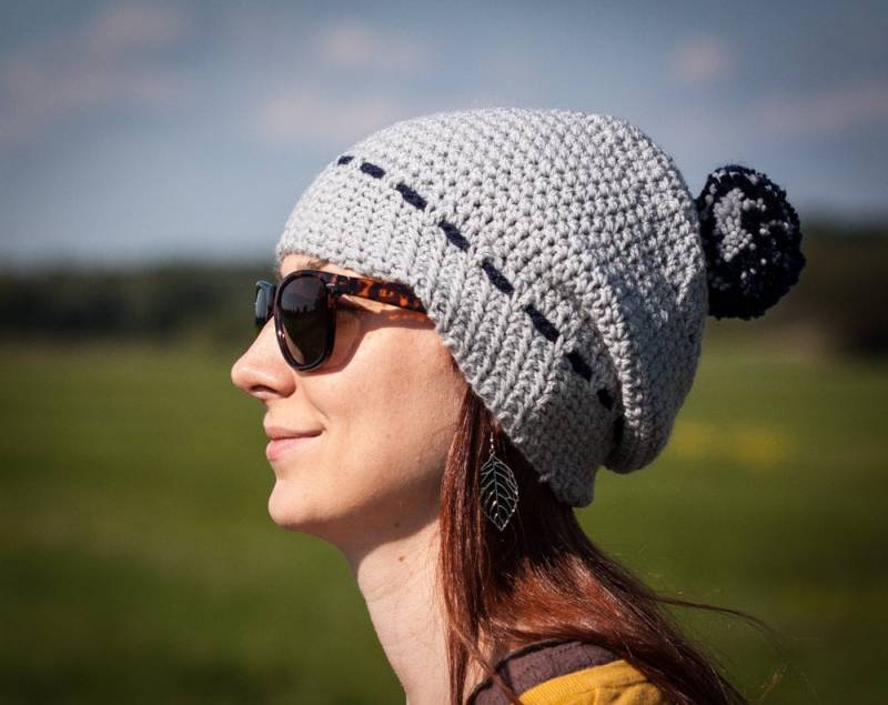 Pom Beanie Grau/Häkeln Herbst Winter Hut Einheitsgröße Blau Bommelmütze Winter-Zubehör Nur Ein Original Verfügbar von RUKAMIshop