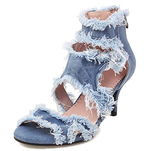 RUKOEVIM DaHerren Klassischer Peep Toe Stiletto Denim Quastens Heeled Sandalen Spitze-Up Schuhe Cut Out Back Zipper Schuhe Block Heel Schuhe Blue Size 37 von RUKOEVIM