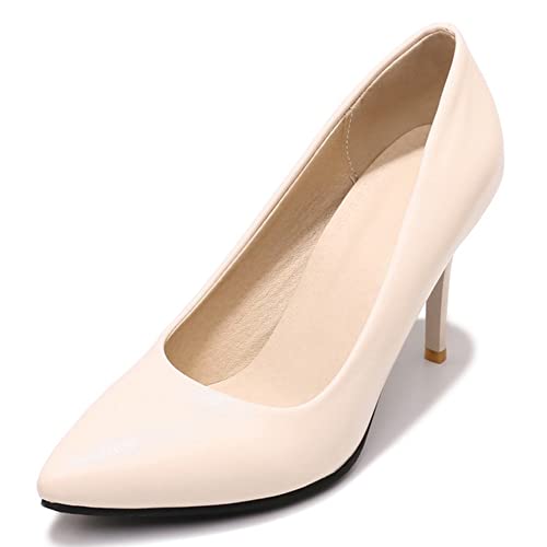 RUKOEVIM Mode Damen Pointed Toe Höhe Ferse Ohne Verschluss Stiletto Pumps Klassischer Buro Damen Heels Dressy Pumps Schuhe Lack Beige 35 von RUKOEVIM