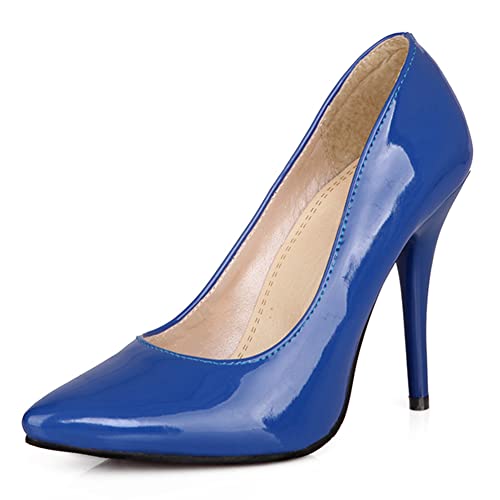 RUKOEVIM Mode Damen Pointed Toe Höhe Ferse Ohne Verschluss Stiletto Pumps Klassischer Buro Damen Heels Dressy Pumps Schuhe Lack Blue 43 von RUKOEVIM