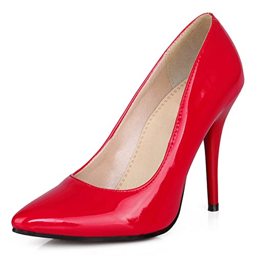 RUKOEVIM Mode Damen Pointed Toe Höhe Ferse Ohne Verschluss Stiletto Pumps Klassischer Buro Damen Heels Dressy Pumps Schuhe Lack Red 40 von RUKOEVIM