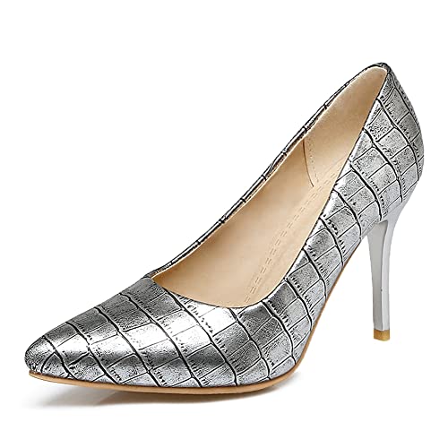 RUKOEVIM Mode Damen Pointed Toe Höhe Ferse Ohne Verschluss Stiletto Pumps Klassischer Buro Damen Heels Dressy Pumps Schuhe Lack Silver 34 von RUKOEVIM