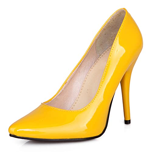 RUKOEVIM Mode Damen Pointed Toe Höhe Ferse Ohne Verschluss Stiletto Pumps Klassischer Buro Damen Heels Dressy Pumps Schuhe Lack Yellow 34 von RUKOEVIM