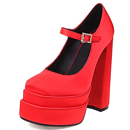 RUKOEVIM Plateau Chunky Blockabsatz Silk Satin Square Toe Hot Höhe Ferse Knöchelriemchen Schnalles Wedge Dress Pumps Red Size 36 von RUKOEVIM