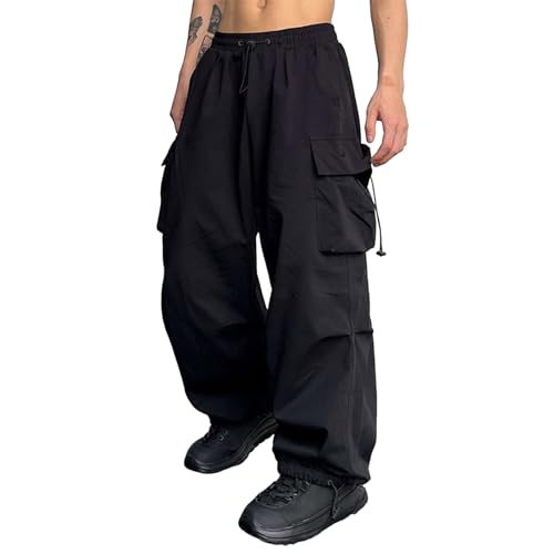 Cargohose Herren Casual Hohe Taille Gerade Bootcut Parachute Pants 90er Sport Freizeithose Vintage Weites Bein Streetwear Hip Hop Hosen Baggy Y2K Teenager Jungen Fallschirmhosen von RUMAOZIA