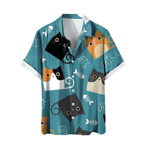 Hawaiihemd Herren Katze Drucken Lässig Button Down Strandurlaub Hemd Aloha Kurzarm Hawaii Hemd Regular Fit T-Shirts Lässige Sweatshirt mit Cat Printed Mode Kurzarmhemd Outdoor Hemd von RUMAOZIA