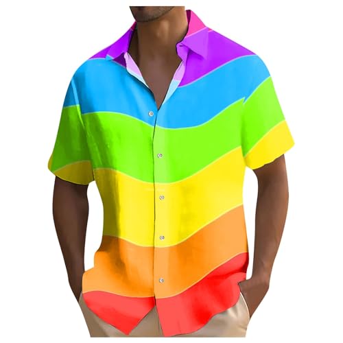 Hemd Herren Kurzarm Regenbogen LGBT Regenbogenhemd Shirt Sommerhemd Kurzarmhemd Rainbow Shirt Freizeithemden Umlegekragen Funky Hawaiihemd Button Down Hemden LGBTQ Tshirt von RUMAOZIA