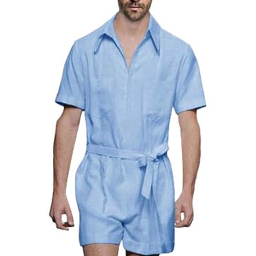 Herren Jumpsuit Kurz Baumwolle Leinen Jogging Overall Männer T-Shirt Schlafanzug Casual Kurze Jogginganzug Strampler Sommer Onesie T-Shirt Leicht Revers Hemd Shorts Trainingsanzug von RUMAOZIA
