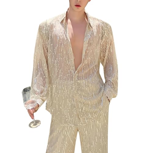 Herren Mesh Pailletten Netz Hemd Langarm Button Down Mesh Shirts Männer Langarmshirts Durchsichtig Shirts Muskel Transparent Hemd Sparkle & Shine Shirts 70er Jahre Disco von RUMAOZIA