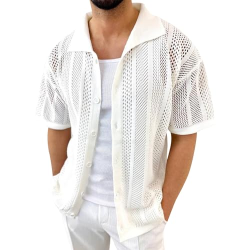 Kurzarmhemd für Herren Strick Kurzarm Retro Rever Hemd Lässig Shirt Jacke mit Knopfleiste Sommer Herbst Hemd Einfarbige Tshirts Button Down Slim Fit Hemden Bequeme Leicht Strickhemd von RUMAOZIA