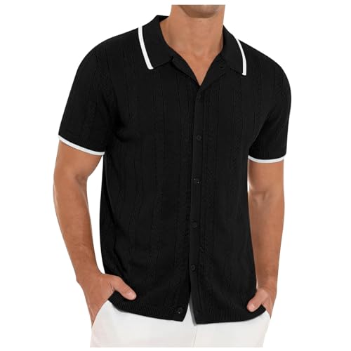 Kurzarmhemd für Herren Strick Kurzarm Retro Rever Hemd Tshirts Button Down Slim Fit Hemden Bequeme Leicht Strickhemd Lässig Shirt Jacke mit Knopfleiste Sommer Herbst Hemd Einfarbige von RUMAOZIA