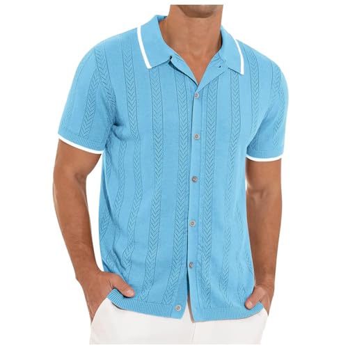 Kurzarmhemd für Herren Strick Kurzarm Retro Rever Hemd Tshirts Button Down Slim Fit Hemden Bequeme Leicht Strickhemd Lässig Shirt Jacke mit Knopfleiste Sommer Herbst Hemd Einfarbige von RUMAOZIA