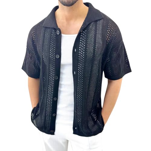 Kurzarmhemd für Herren Strick Kurzarm Retro Rever Hemd Tshirts Button Down Slim Fit Hemden Bequeme Leicht Strickhemd Lässig Shirt Jacke mit Knopfleiste Sommer Herbst Hemd Einfarbige von RUMAOZIA