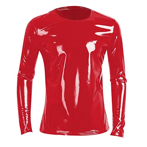 Leder Lack Latex Optik Schwarz Männer Langarmshirt Männer Dessous Latex Top Muskel Top Shirt Langarm Stretch Hemd Tops Clubwear Gay Langarmshirt Herren Swingerclub Freizeithemd von RUMAOZIA
