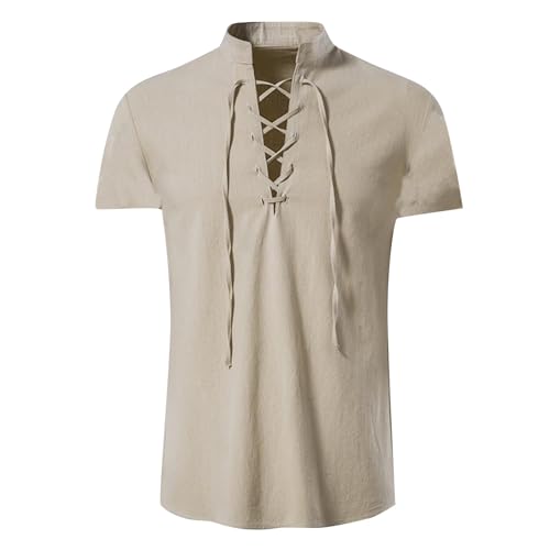 Mittelalter Hemd Herren Leinenhemd Traditioneller Retro-Stil Schnürung Hemd Viking Kostüm Renaissance Viktorian Steampunk Piraten Hemd Leinen-Hemden Lässig Kurzarm Henley-Hemd von RUMAOZIA