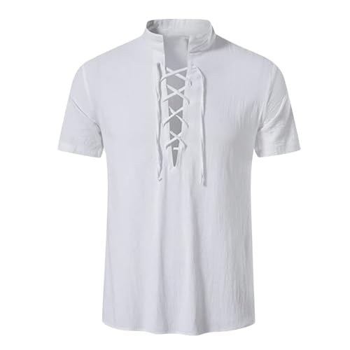 Mittelalter Hemd Herren Leinenhemd Traditioneller Retro-Stil Schnürung Hemd Viking Kostüm Renaissance Viktorian Steampunk Piraten Hemd Leinen-Hemden Lässig Kurzarm Henley-Hemd von RUMAOZIA