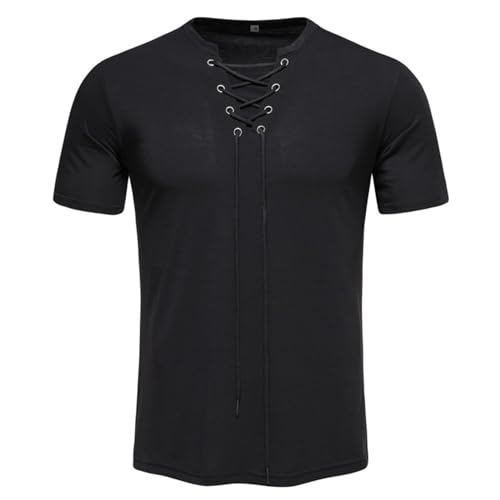 Mittelalter Hemd Herren Leinenhemd Traditioneller Retro-Stil Schnürung Hemd Viking Kostüm Renaissance Viktorian Steampunk Piraten Hemd Leinen-Hemden Lässig Kurzarm Henley-Hemd von RUMAOZIA