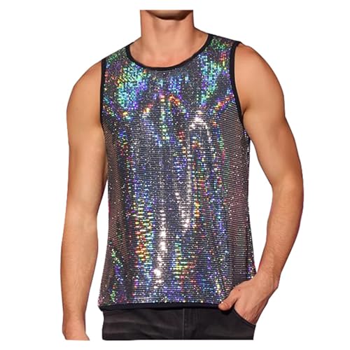 Pailletten Tank Top Herren Glänzend T-Shirts Disco Party Kostüm Streetstyle Shirts ärmelloses Oberteil Glitzer Hemd mit Kragen Freizeit Shirt Tops Nachtclub Karneval Party Muskelshirt von RUMAOZIA