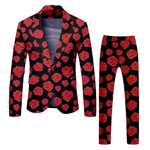 RUMAOZIA 2-teiliger Valentinstag anzug für Herren Valentinstag outfit für Herren Suits für Abendessen, Abschlussball, Hochzeit, Blazer-Hosen-Set, Herz-Print, Smoking, Anzugjacke für Herren von RUMAOZIA