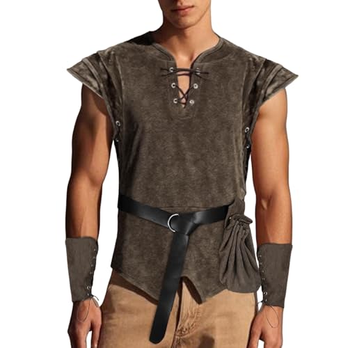 RUMAOZIA 4 Stück Wikinger Kostüm Mittelalter Kleidung Herren Set Renaissance Viking Set Mittelalter Tunika Piratenweste Piratentunika Zubehör Outfit mit Gürtel Handgelenkschützer Gürteltasche von RUMAOZIA